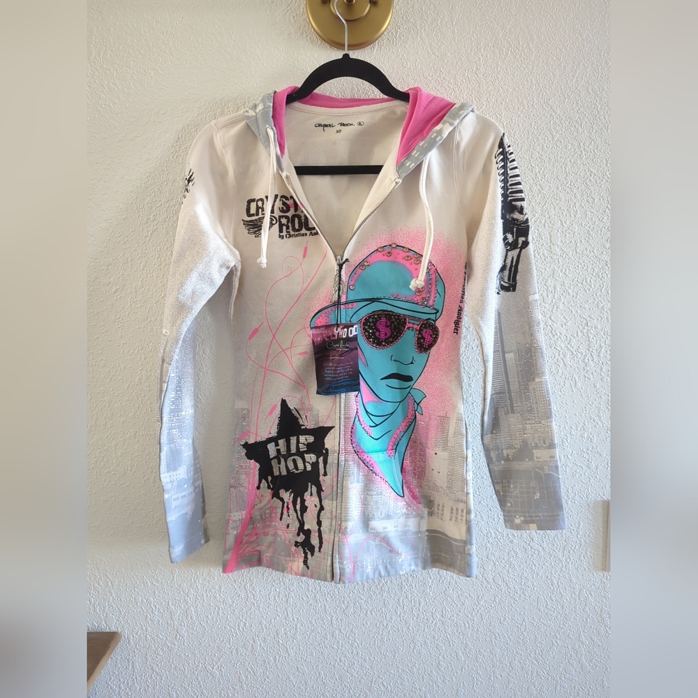 Crystal Rock Jacket Women XS Y2K Hip Hop Rhinestone Hoodie Christian Audigier